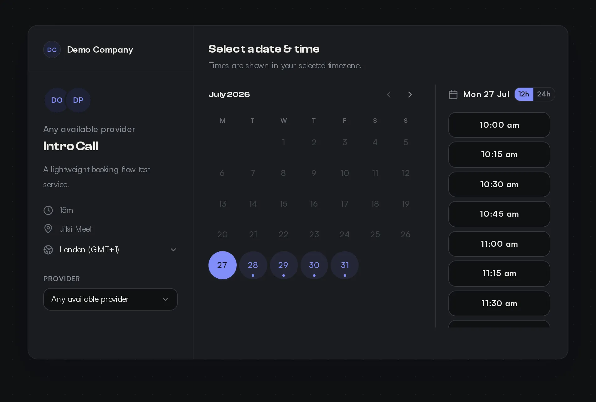Tidetime booking page: a service, a calendar, and available time slots
